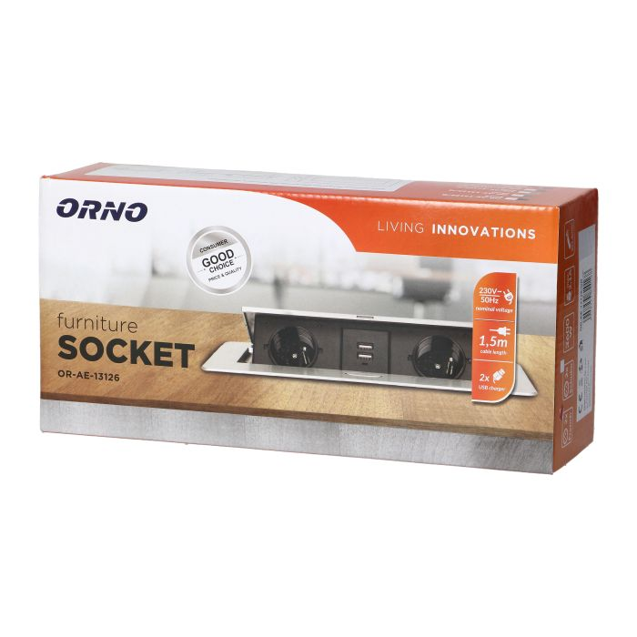 141070 - Recessed furniture socket with two USB chargers and 1.5m long cable, graphite 230V AC/ 50 Hz; 2 x 2P+E; 3600W; USB output: 5V DC/2,1A; available colors: graphite