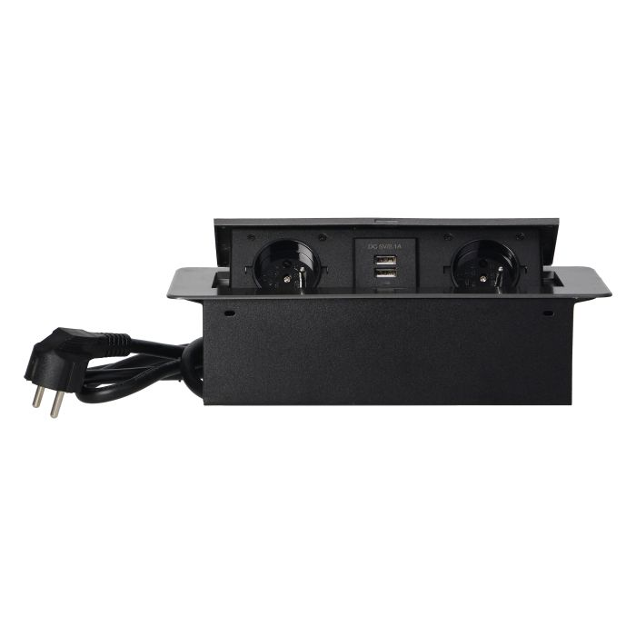 141070 - Recessed furniture socket with two USB chargers and 1.5m long cable, graphite 230V AC/ 50 Hz; 2 x 2P+E; 3600W; USB output: 5V DC/2,1A; available colors: graphite