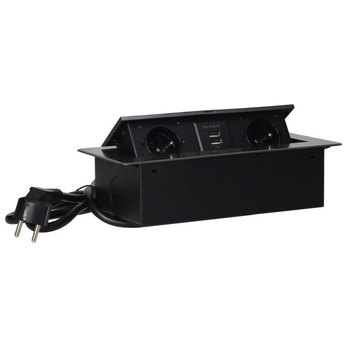 141070 - Recessed furniture socket with two USB chargers and 1.5m long cable, graphite 230V AC/ 50 Hz; 2 x 2P+E; 3600W; USB output: 5V DC/2,1A; available colors: graphite