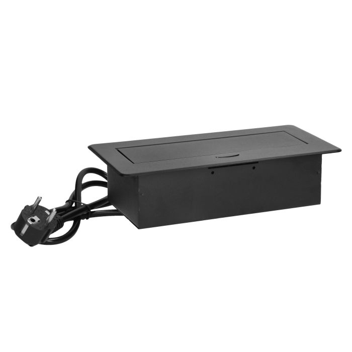 141066 - Recessed furniture socket with flat milled edge, USB charger and 1.5m cable, 2x2P+E, 2x USB (type A+C; 3.6A), black
