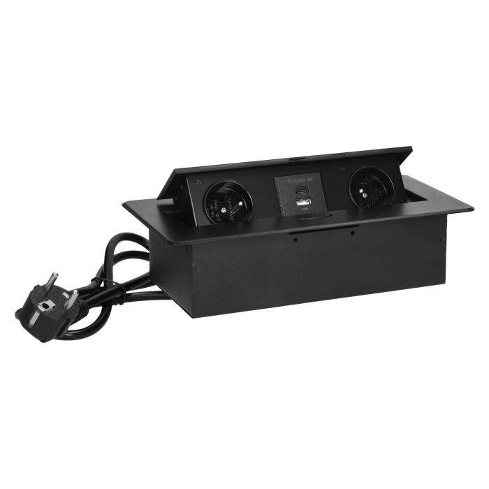 141066 - Recessed furniture socket with flat milled edge, USB charger and 1.5m cable, 2x2P+E, 2x USB (type A+C; 3.6A), black