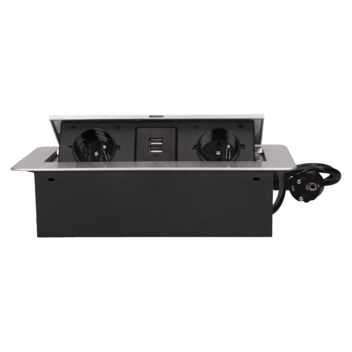 141064 - Recessed furniture socket with two USB chargers and 1.5m long cable, silver 230V AC/ 50 Hz; 2 x 2P+E; 3600W; USB output: 5V DC/2,1A; available colors: silver