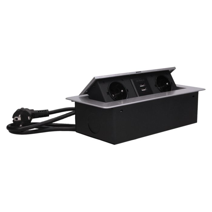 141064 - Recessed furniture socket with two USB chargers and 1.5m long cable, silver 230V AC/ 50 Hz; 2 x 2P+E; 3600W; USB output: 5V DC/2,1A; available colors: silver