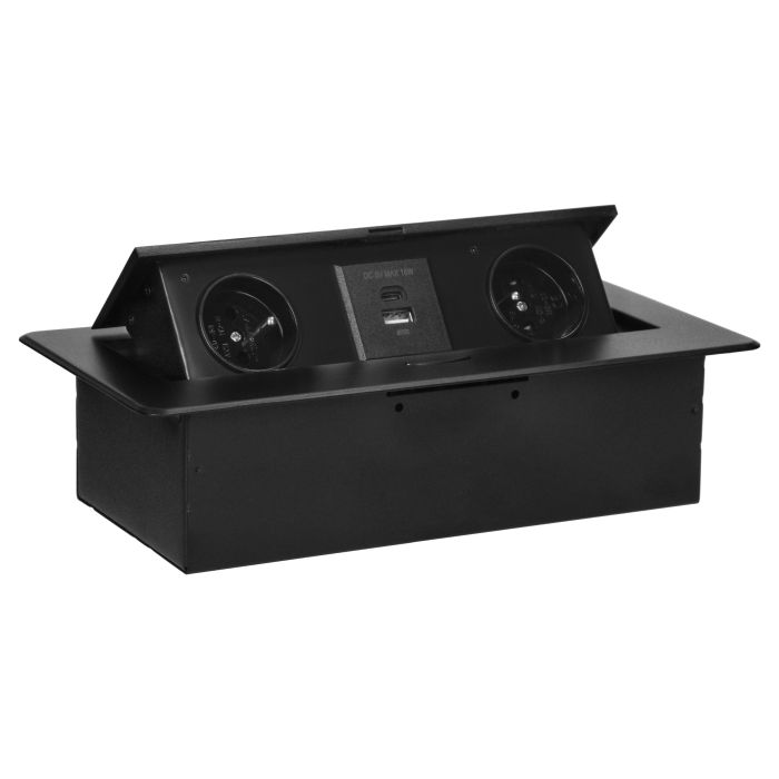 141060 - Recessed furniture socket with flat milled edge and USB charger, 2x2P+E,2x USB (type A+C; 3.6A), black