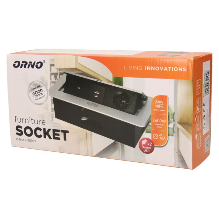 141059 - Recessed furniture socket with two USB chargers, silver 230V AC/ 50 Hz; 2 x 2P+E; 3600W; USB output: 5V DC/2,1A; available colors: silver