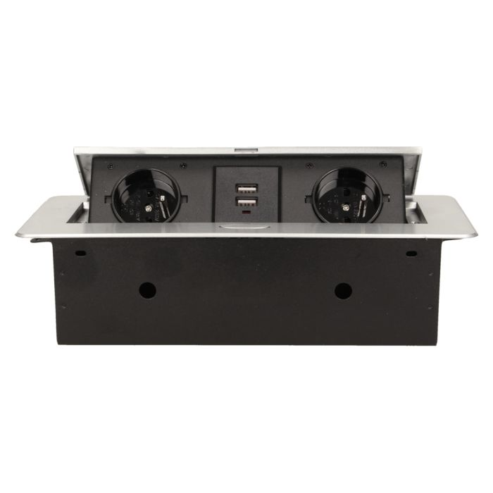 141059 - Recessed furniture socket with two USB chargers, silver 230V AC/ 50 Hz; 2 x 2P+E; 3600W; USB output: 5V DC/2,1A; available colors: silver
