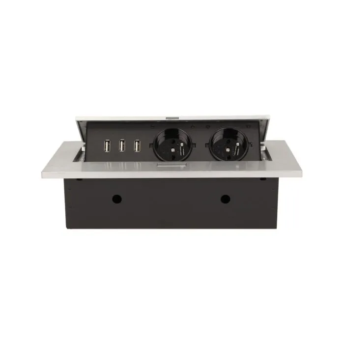 141056 - Recessed furniture socket 2x2P+E with three USB ports (wihout USB-charger), silver power supply: 230V AC / 56-60Hz; maximum load: 3600W; protection rating: IP20; colour: silver