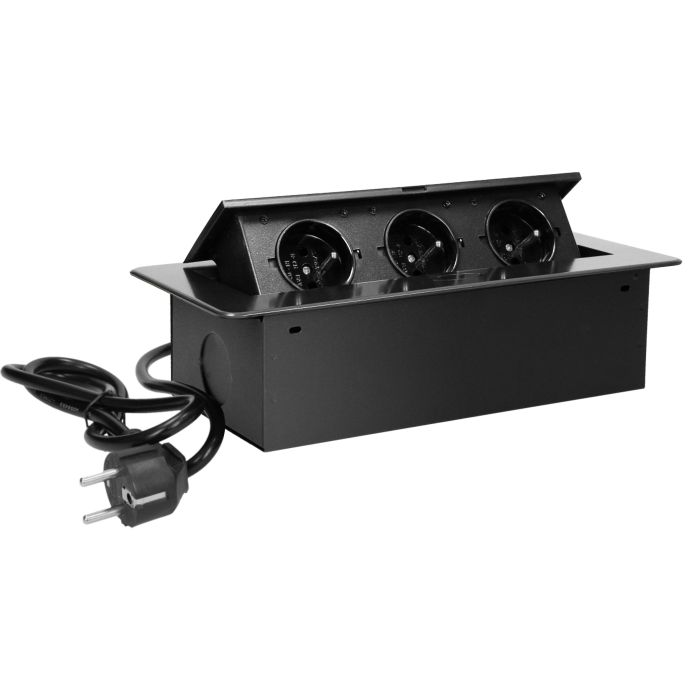 141055 - Recessed furniture socket 3x2P+E with 1.5m cable, graphite power supply: 230V AC / 56-60Hz; maximum load: 3600W; protection rating: IP20; colour: graphite