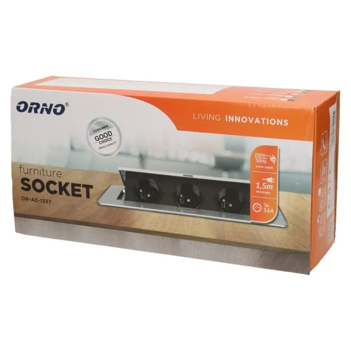 141054 - Recessed furniture socket 3x2P+E with 1.5m cable, gold power supply: 230V AC / 56-60Hz; maximum load: 3600W; protection rating: IP20; colour: gold