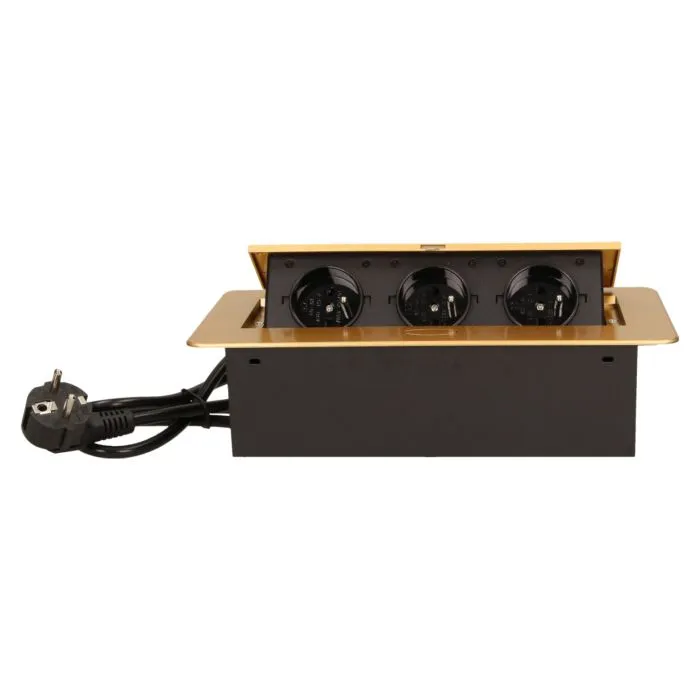 141054 - Recessed furniture socket 3x2P+E with 1.5m cable, gold power supply: 230V AC / 56-60Hz; maximum load: 3600W; protection rating: IP20; colour: gold
