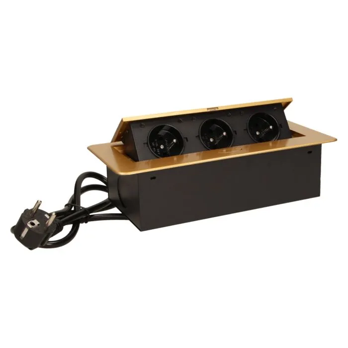 141054 - Recessed furniture socket 3x2P+E with 1.5m cable, gold power supply: 230V AC / 56-60Hz; maximum load: 3600W; protection rating: IP20; colour: gold
