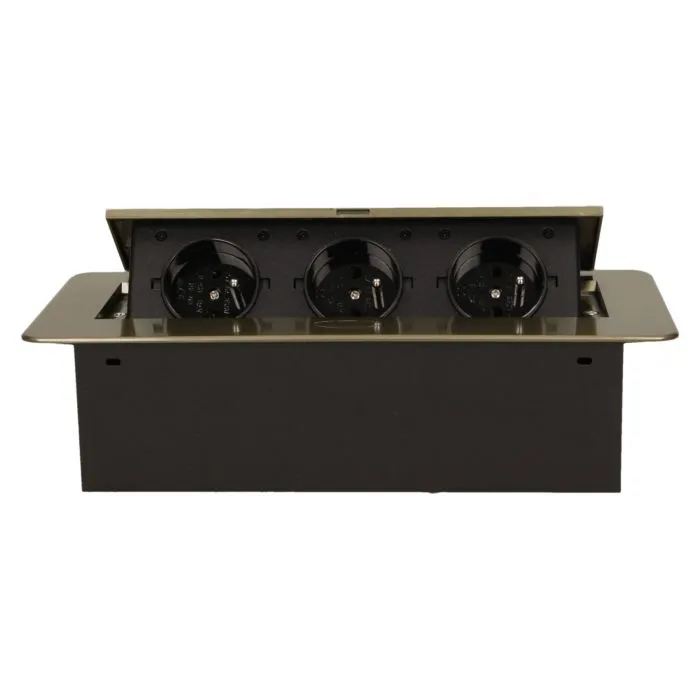 141048 - Recessed furniture socket 3x2P+E, brass power supply: 230V AC / 56-60Hz; maximum load: 3600W; protection rating: IP20;