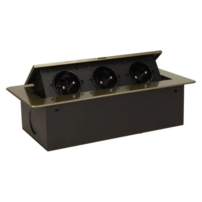 141048 - Recessed furniture socket 3x2P+E, brass power supply: 230V AC / 56-60Hz; maximum load: 3600W; protection rating: IP20;