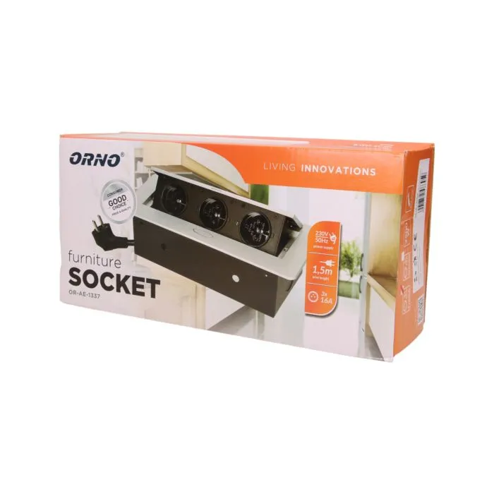 141050 - Recessed furniture socket 3x2P+E with 1.5m cable, silver power supply: 230V AC / 56-60Hz; maximum load: 3600W; protection rating: IP20; colour: silver