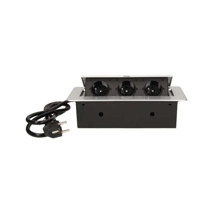 141050 - Recessed furniture socket 3x2P+E with 1.5m cable, silver power supply: 230V AC / 56-60Hz; maximum load: 3600W; protection rating: IP20; colour: silver