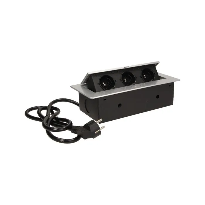 141050 - Recessed furniture socket 3x2P+E with 1.5m cable, silver power supply: 230V AC / 56-60Hz; maximum load: 3600W; protection rating: IP20; colour: silver