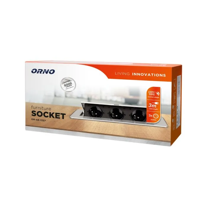 141051 - Recessed furniture sockets 3x2P+E with 3m cable flat and milled edge, silver