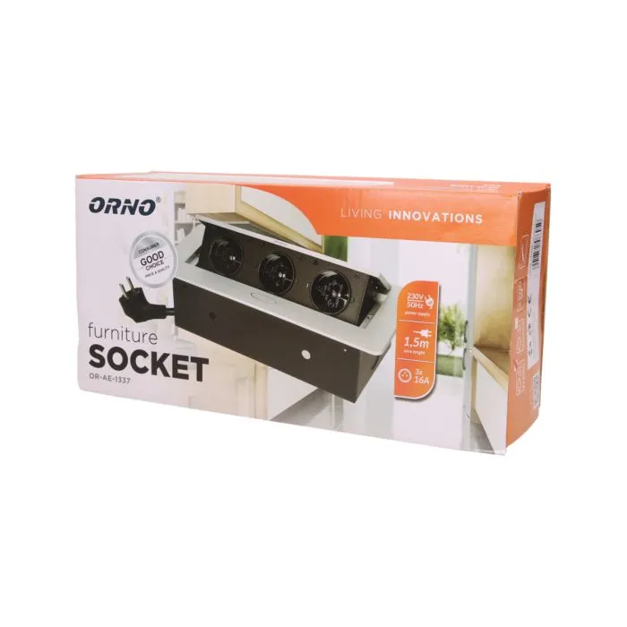 141052 - Recessed furniture socket 3x2P+E with 1.5m cable, black power supply: 230V AC / 56-60Hz; maximum load: 3600W; protection rating: IP20; colour: silver