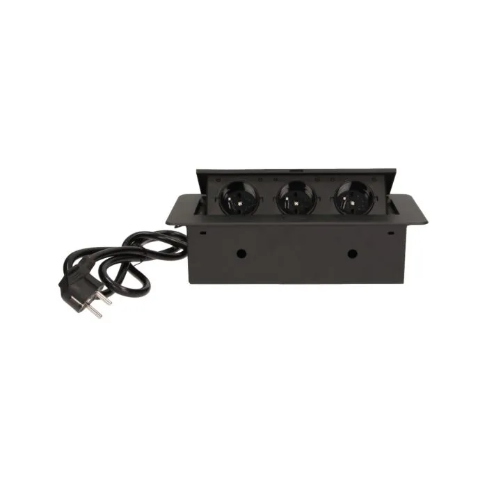 141052 - Recessed furniture socket 3x2P+E with 1.5m cable, black power supply: 230V AC / 56-60Hz; maximum load: 3600W; protection rating: IP20; colour: silver