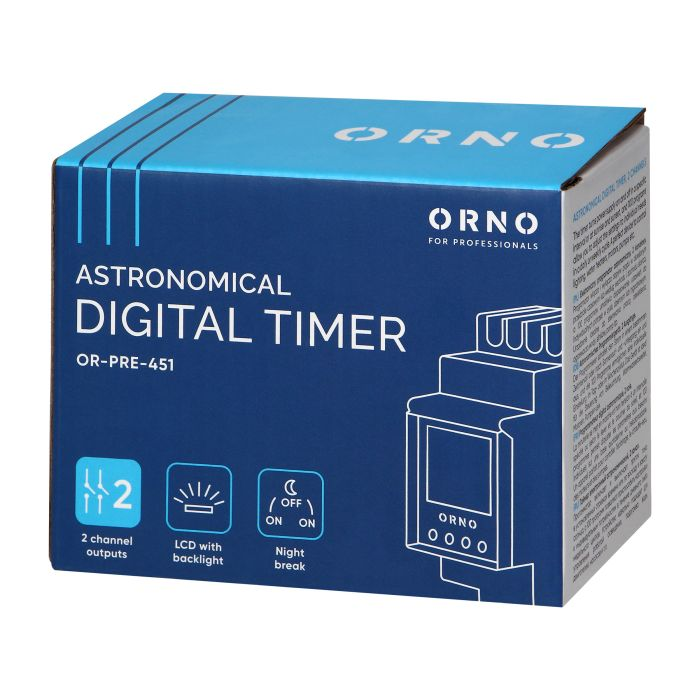 140852 - DIN rail digital timer, 100 programmes, 3 menu languages PL EN DE, 2 chanels, max.16A/230V, 2 modules wide