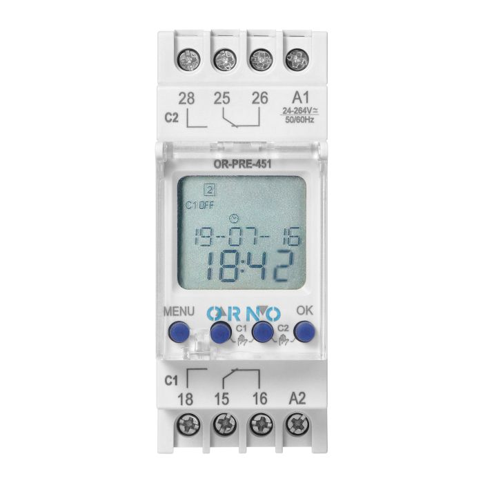 140852 - DIN rail digital timer, 100 programmes, 3 menu languages PL EN DE, 2 chanels, max.16A/230V, 2 modules wide
