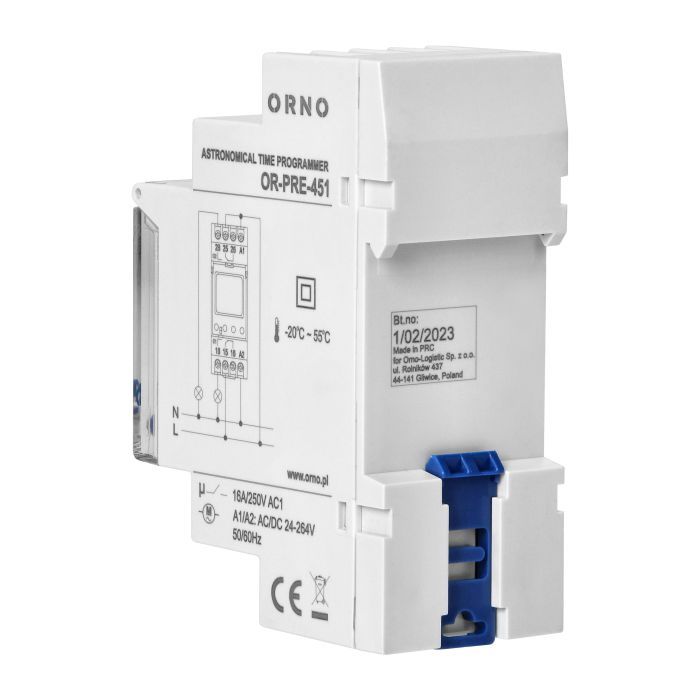 140852 - DIN rail digital timer, 100 programmes, 3 menu languages PL EN DE, 2 chanels, max.16A/230V, 2 modules wide