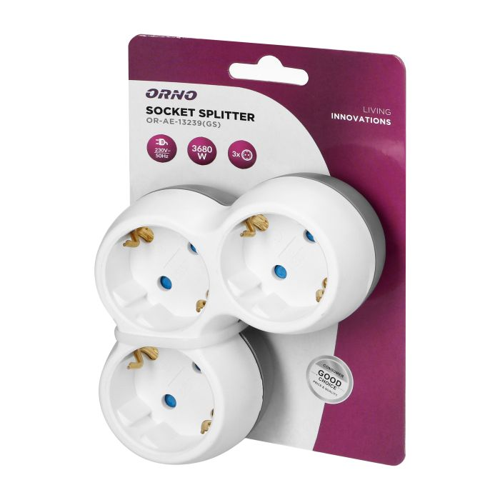 140905 - Power socket splitter 3x2P+E (Schuko), white-grey