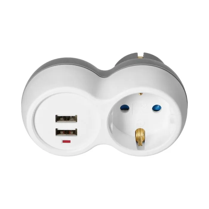 140907 - Power socket splitter 2x2P+E (Schuko) with 2xUSB charger, white-grey