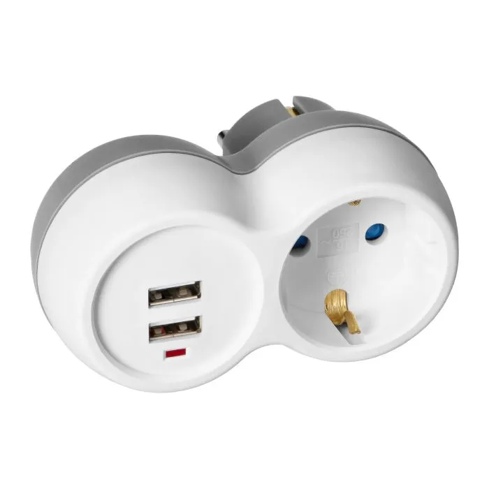 140907 - Power socket splitter 2x2P+E (Schuko) with 2xUSB charger, white-grey