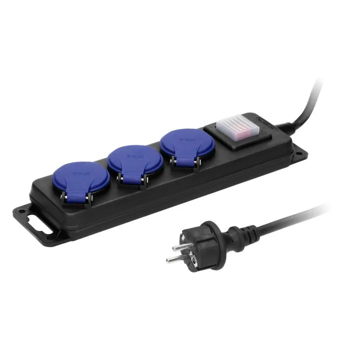 141011 - Heavy-duty, splash-proof extension sockets, 5m with central switch and rubber cord, 3 sockets 2P+E, IP44, H05RR-F 3x1.5mm2