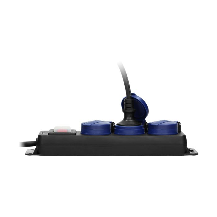 141024 - Heavy-duty, splash-proof extension sockets, 5m, Schuko with central switch and rubber cord, 3 sockets 2P+E, IP44, H05RR-F 3x1.5mm2