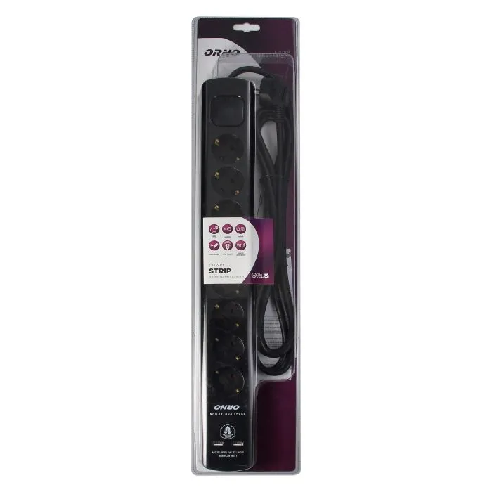 140996 - Power strip with surge protection, 8 sockets 2P+E (Schuko), 3x1.0mm2 cable, 3m long, with a two-way backlit switch, 10A / 230 VAC, surge protector type 3, 2xUSB 2.1A charger, white
