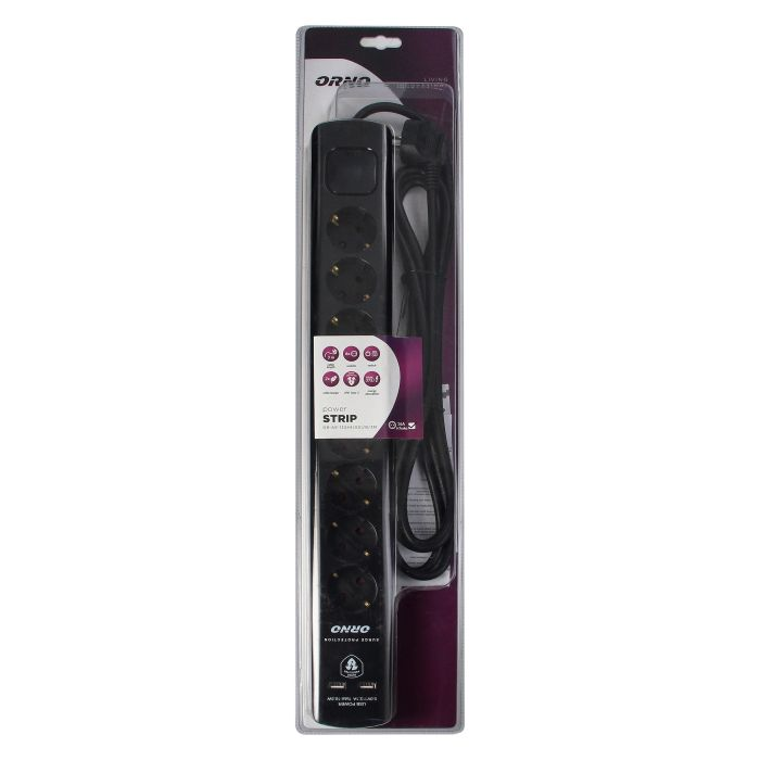 140996 - Power strip with surge protection, 8 sockets 2P+E (Schuko), 3x1.0mm2 cable, 3m long, with a two-way backlit switch, 10A / 230 VAC, surge protector type 3, 2xUSB 2.1A charger, white