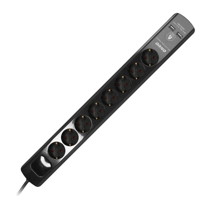 140996 - Power strip with surge protection, 8 sockets 2P+E (Schuko), 3x1.0mm2 cable, 3m long, with a two-way backlit switch, 10A / 230 VAC, surge protector type 3, 2xUSB 2.1A charger, white