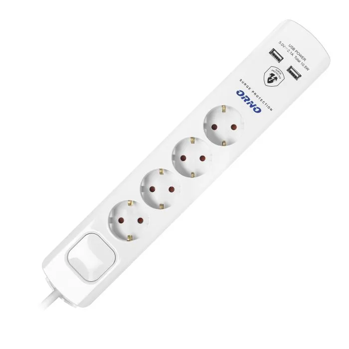 140993 - Power strip with surge protection, 4 sockets 2P+E (Schuko), 3x1.0mm2 cable, 3m long, with a two-way backlit switch, 16A / 230 VAC, surge protector type 3, 2xUSB 2.1A charger, white