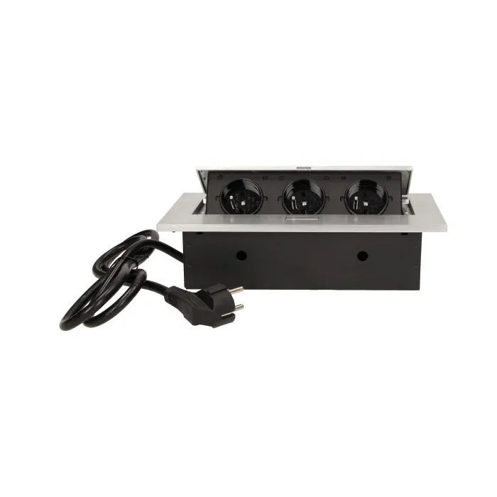 141039 - Recessed furniture socket 3x2P+E with 1.5m cable, silver power supply: 230V AC / 56-60Hz; maximum load: 3600W; protection rating: IP20; colour: silver