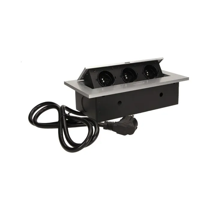141039 - Recessed furniture socket 3x2P+E with 1.5m cable, silver power supply: 230V AC / 56-60Hz; maximum load: 3600W; protection rating: IP20; colour: silver