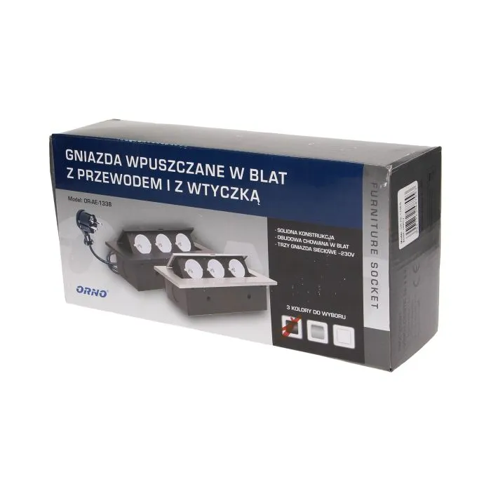 141040 - Recessed furniture socket 3x2P+E with 1.5m cable, black power supply: 230V AC / 56-60Hz; maximum load: 3600W; protection rating: IP20; colour: silver