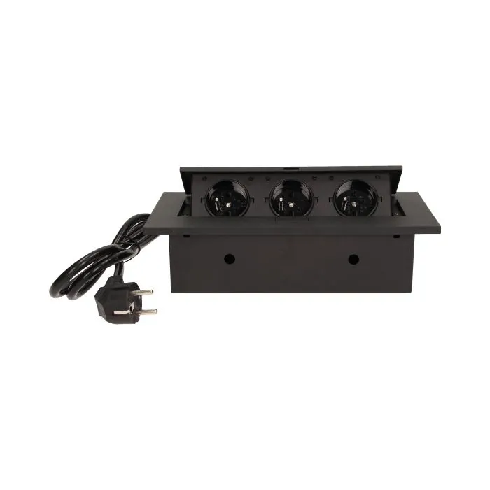 141040 - Recessed furniture socket 3x2P+E with 1.5m cable, black power supply: 230V AC / 56-60Hz; maximum load: 3600W; protection rating: IP20; colour: silver