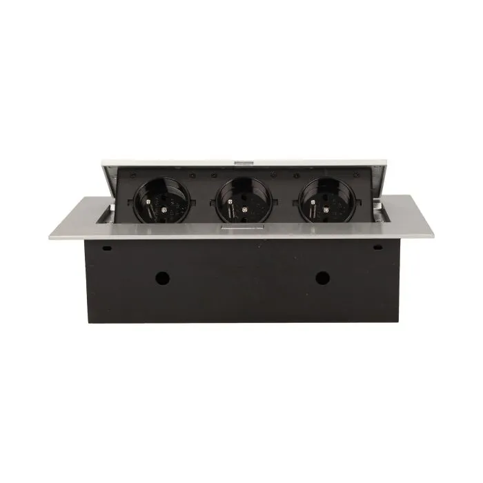 141041 - Recessed furniture socket 3x2P+E, silver power supply: 230V AC, 3x16A, ; maximum load: 3600W; protection rating: IP20;