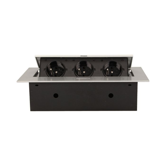 141041 - Recessed furniture socket 3x2P+E, silver power supply: 230V AC, 3x16A, ; maximum load: 3600W; protection rating: IP20;