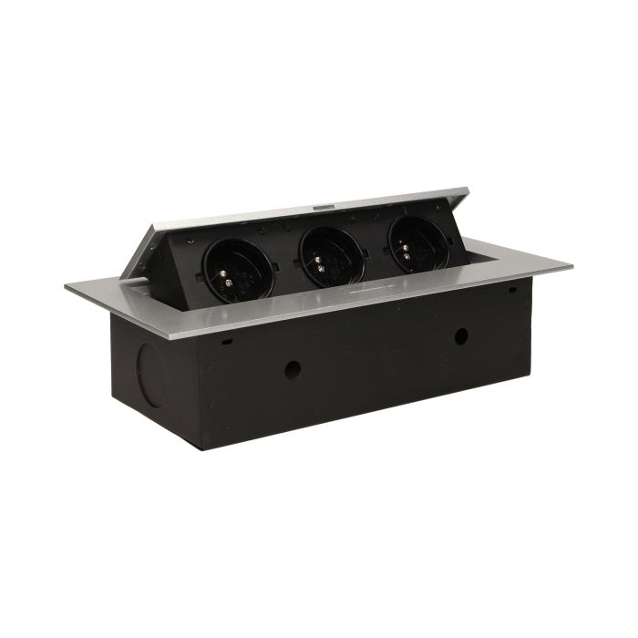 141041 - Recessed furniture socket 3x2P+E, silver power supply: 230V AC, 3x16A, ; maximum load: 3600W; protection rating: IP20;