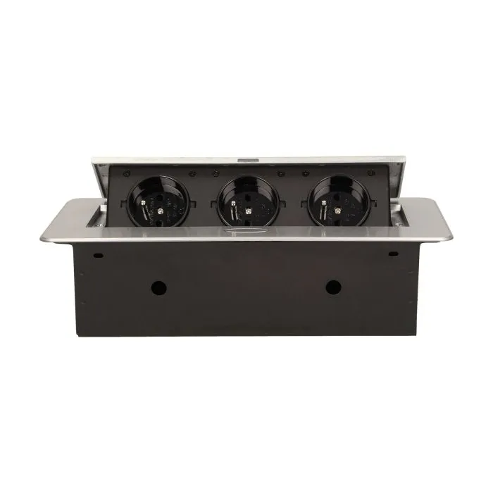 141045 - Recessed furniture socket 3x2P+E, silver power supply: 230V AC / 56-60Hz; maximum load: 3600W; protection rating: IP20;