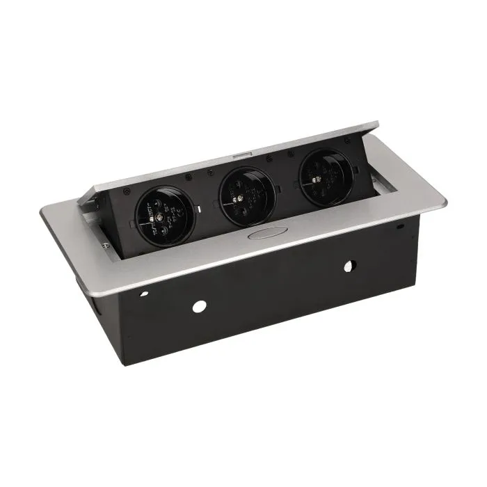 141045 - Recessed furniture socket 3x2P+E, silver power supply: 230V AC / 56-60Hz; maximum load: 3600W; protection rating: IP20;