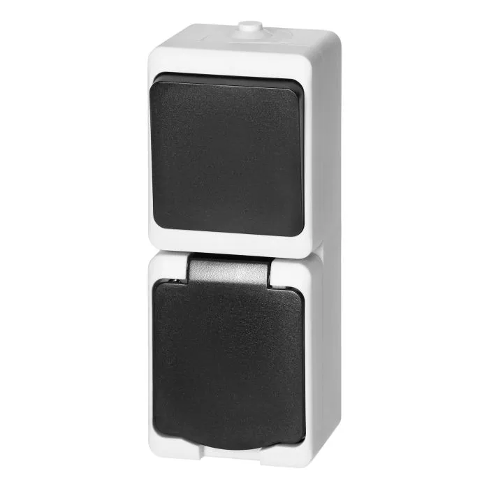 140952 - AQUATIC MINI IP54 Switch + Socket 2P+E (Schuko), white/black