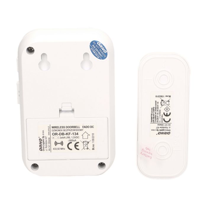 140001-FADO DC wireless, battery powered doorbell with learning system Easy to install, doesn't require a cable connection. Equipped with a waterproof doorbell button and learning system (automatic configuration of additional transmitters).-ORN