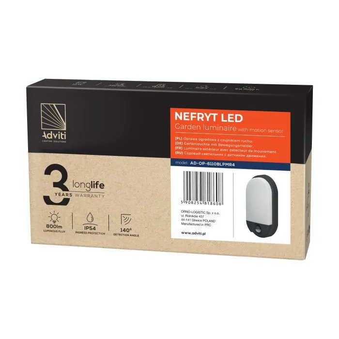 140047-NEFRYT LED garden lamp, black with PIR sensor, 10W, 800lm, IP54, 4000K-ORN