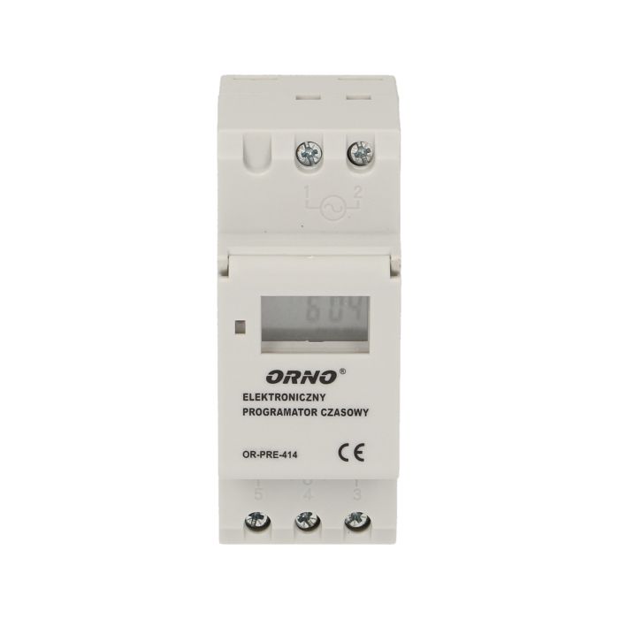140077-DIN rail digital timer 16 time programs; daily or weekly cycle; 12 or 24 hour mode; wyświetlacz LCD-ORN