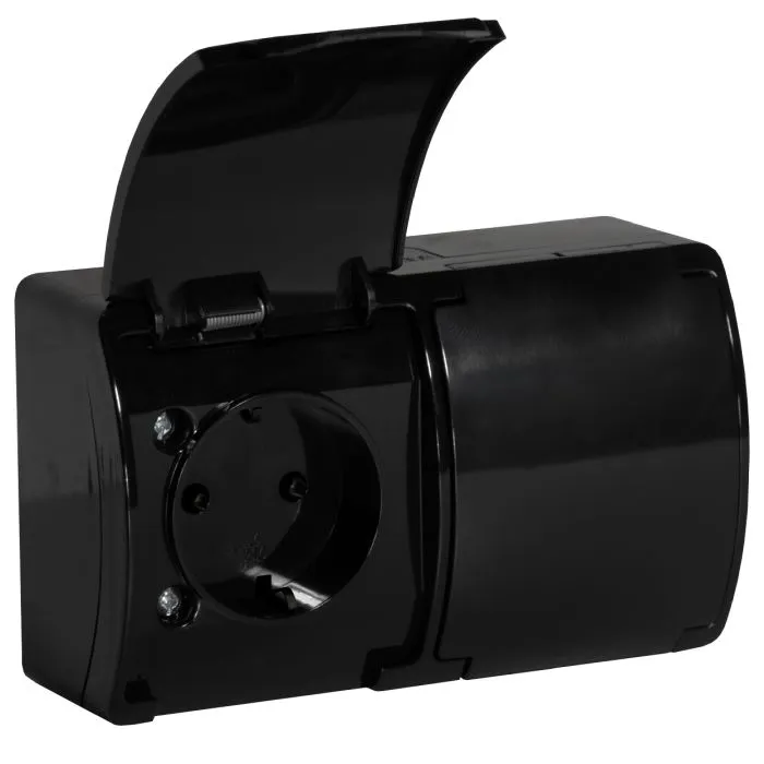 140341- Double socket 2x2P+E Schuko AQUATIC IP44 black, for Netherlands and Germany-ORN