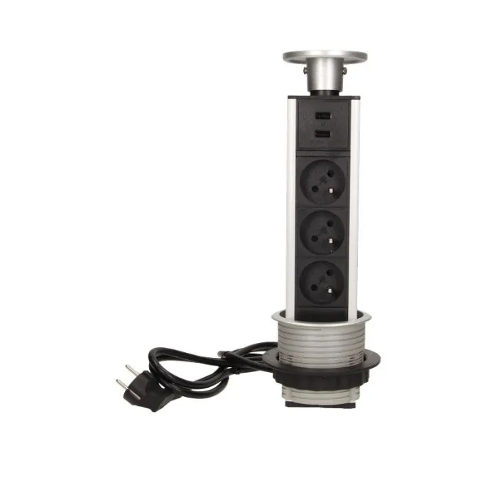 140373-Desktop pop-up socket Ø8cm, with USB charger and 1.8m cable, 3x2P+E, 2xUSB , for Belgium and France -ORN